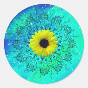 Blue turquoise starry galaxy mandala and sunflower classic round sticker