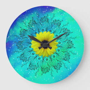 Blue turquoise starry galaxy mandala and sunflower large clock