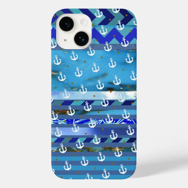blue turquoise stripes & anchor pattern Case-Mate iPhone case (Back)