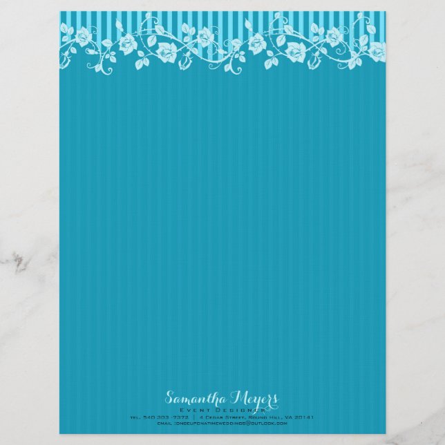 Blue & Turquoise Stripes & Floral Lace 2 Letterhead (Front)