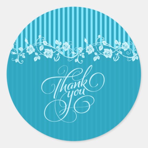Blue  Turquoise Stripes  Floral Lace Thank You Classic Round Sticker