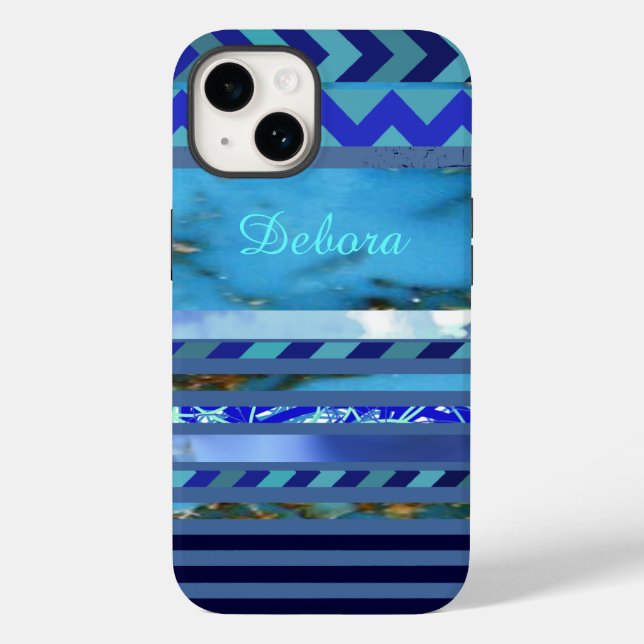 Blue Turquoise Stripes Pattern Custom Name Case-Mate iPhone Case (Back)