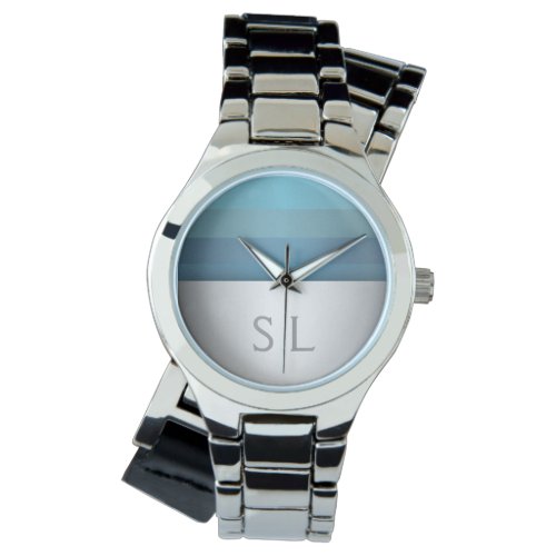 Blue Turquoise Stripes Pattern Monogram Wristwatch