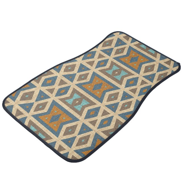 Blue Turquoise Teal Orange Brown Tribal Art Car Floor Mat (Angled)