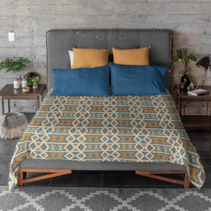 Blue Turquoise Teal Orange Tan Brown Tribal Art Duvet Cover