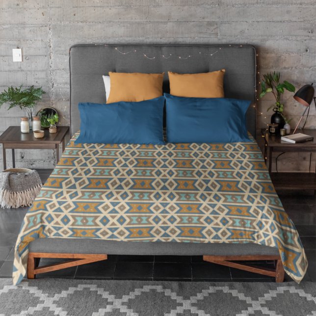 Blue Turquoise Teal Orange Tan Brown Tribal Art Duvet Cover (Creator Uploaded)
