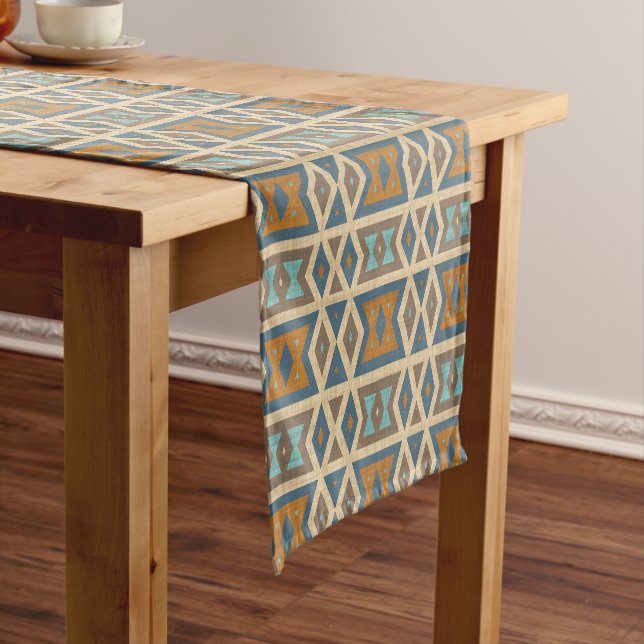 Blue Turquoise Teal Orange Tan Brown Tribal Art Short Table Runner (In Situ)