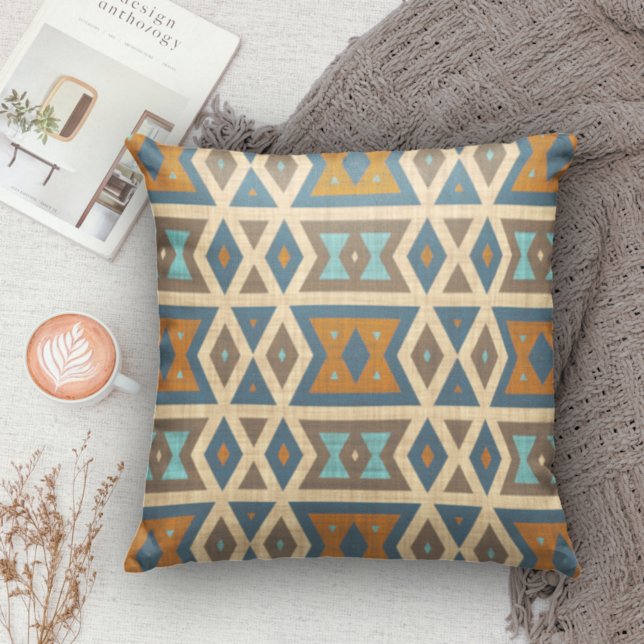 Blue Turquoise Teal Orange Tan Brown Tribal Art Throw Pillow (Creator Uploaded)