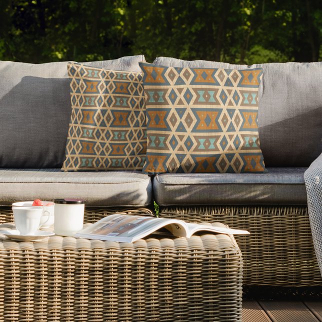 Blue Turquoise Teal Terraccotta Brown Tribal Art Outdoor Pillow (Creator Uploaded)