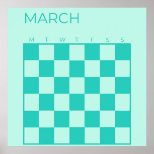 Blue Turquoise Undated Checkered March Calendar Poster