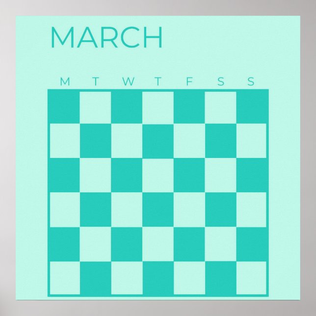 Blue Turquoise Undated Checkered March Calendar Poster (Front)