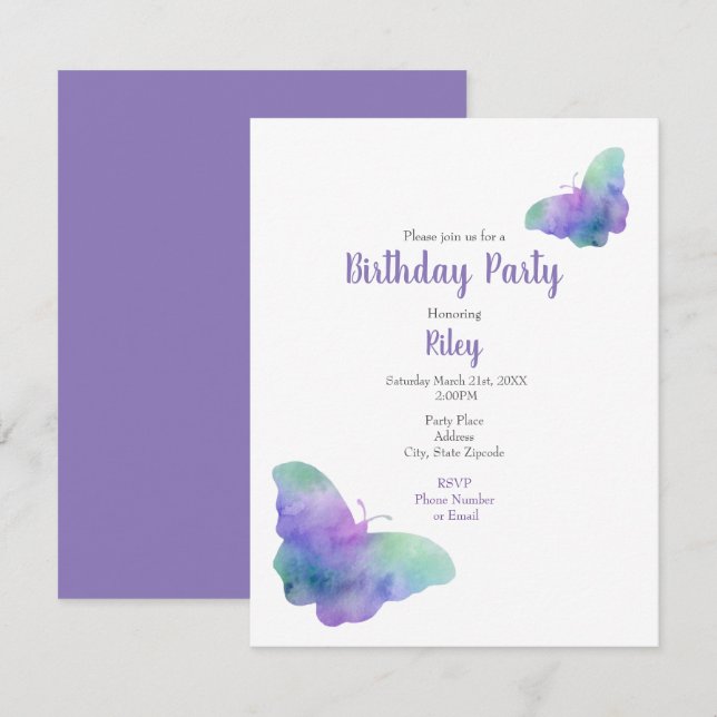 Blue Turquoise Violet Watercolor Butterflies  Invitation (Front/Back)