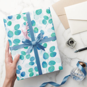 Blue Turquoise Watercolor Eucalyptus Leaves   Wrapping Paper