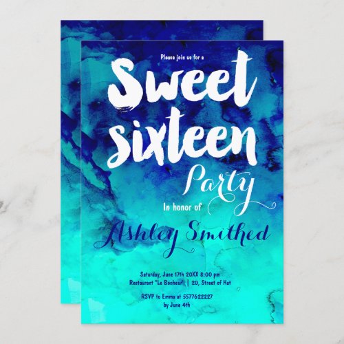 Blue turquoise watercolor typography Sweet 16 Invitation
