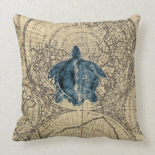 Blue Turtle Illustration Map Coastal Honey Color Throw Pillow
