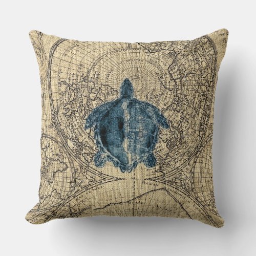 Blue Turtle Illustration Map Coastal Honey Color Throw Pillow