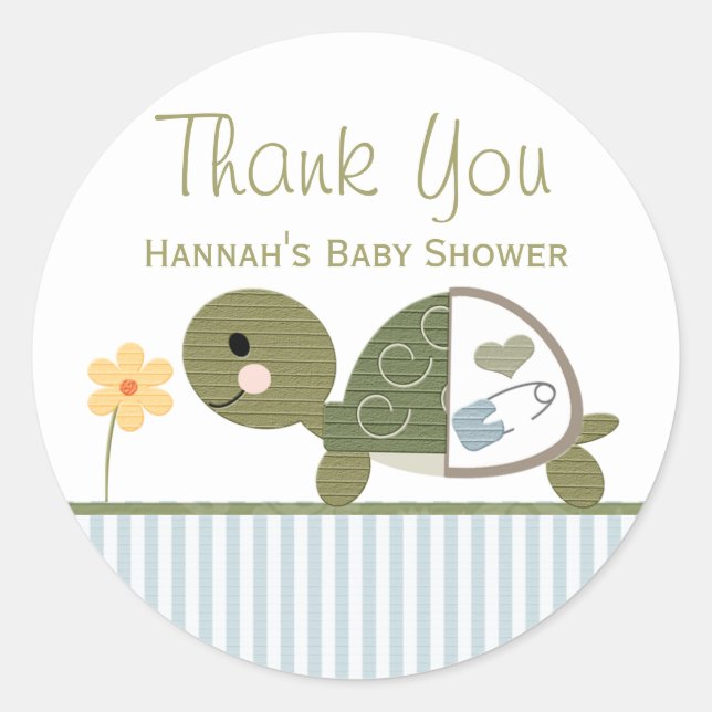 BLUE Turtle in Diapers Baby Shower Thank You Classic Round Sticker (Front)