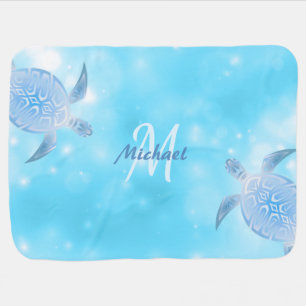 Blue Turtles Bokeh Monogram Coastal Baby Blanket