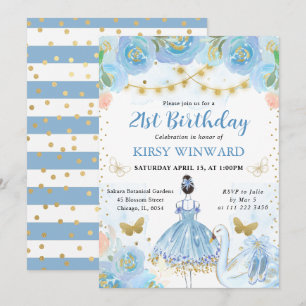 Blue Tutu Black Hair Ballerina Birthday Invitation