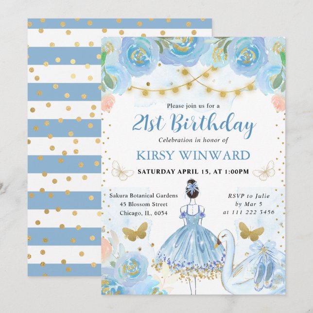 Blue Tutu Black Hair Ballerina Birthday Invitation (Front/Back)
