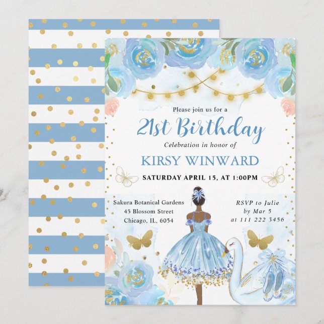 Blue Tutu Dark Skin Ballerina Birthday Invitation (Front/Back)