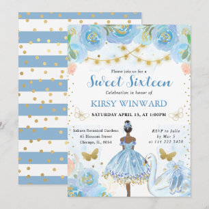 Blue Tutu Dark Skin Ballerina Sweet 16 Invitation
