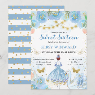 Blue Tutu Red Hair Ballerina Sweet 16 Invitation