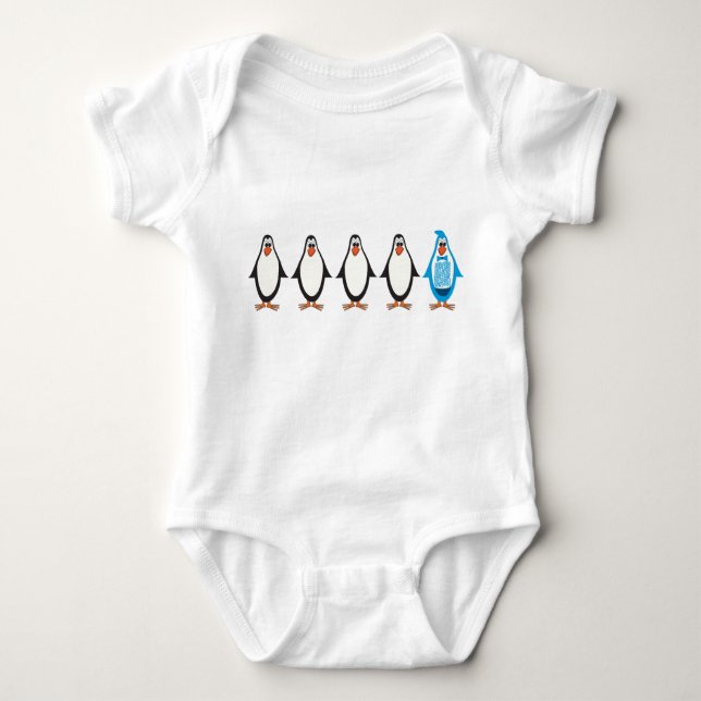 Blue tux penguin baby bodysuit (Front)