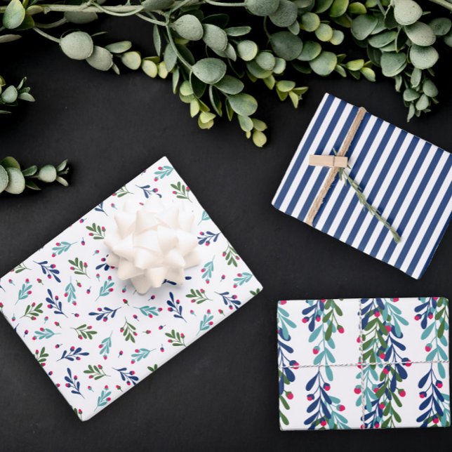Blue Twigs & Pink Berries Christmas Patterns Wrapping Paper Sheets (Creator Uploaded)