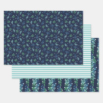 Blue Twigs & Pink Berries Christmas Patterns Wrapping Paper Sheets