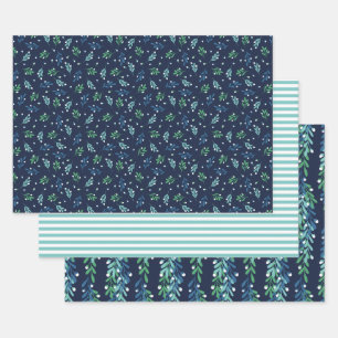 Blue Twigs & White Berries Christmas Patterns Wrapping Paper Sheets