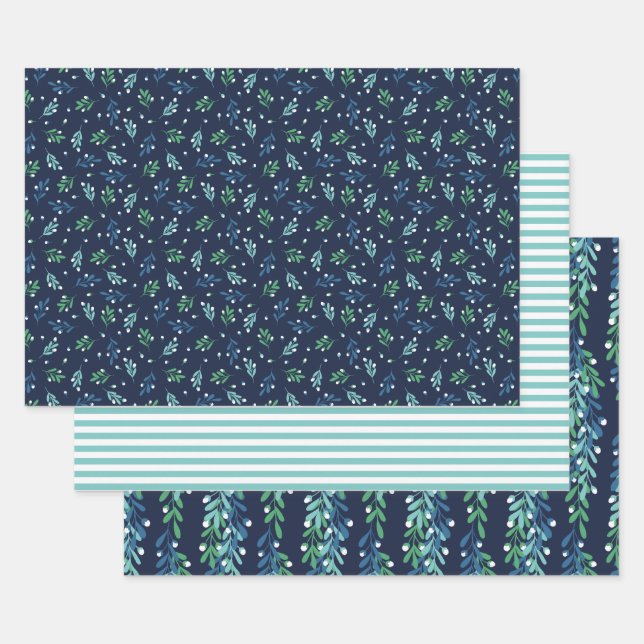 Blue Twigs & White Berries Christmas Patterns Wrapping Paper Sheets (Set)
