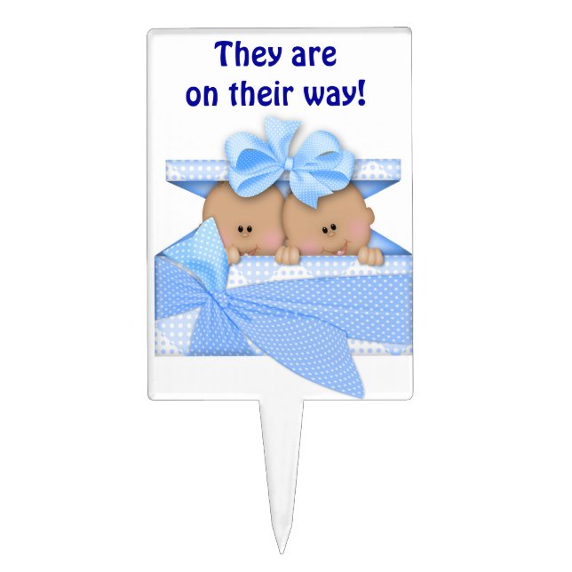 Blue Twin Boy Baby Shower  Cake Cupcake Topper (Front)