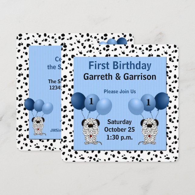 Blue Twin Boys 1st Birthday Party Invitation (Front/Back)