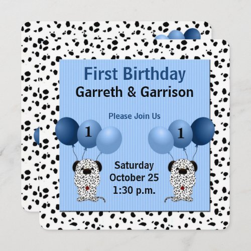 Blue Twin Boys 1st Birthday Party Invitation