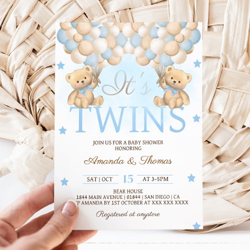 Blue Twin Boys Bear Balloons Baby Shower Invitation