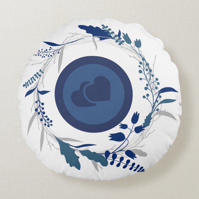 Blue Twin Heart Botanical Circle Pattern  Round Pillow (Front)
