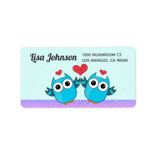 Blue Twin Owl Glitter Hearts Mailing Label