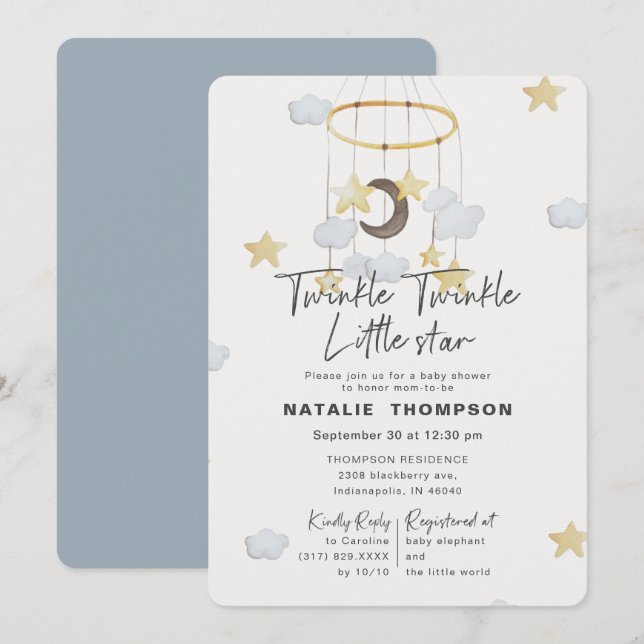 Blue Twinkle Little Star Boy Baby Shower Invitation (Front/Back)