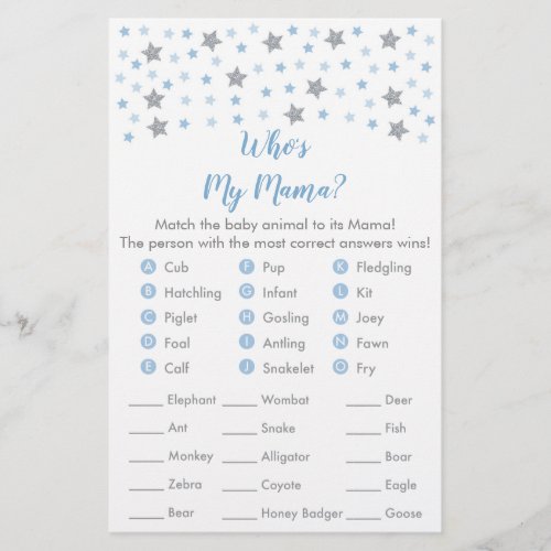 Blue Twinkle Star Baby Shower Animal Match Game