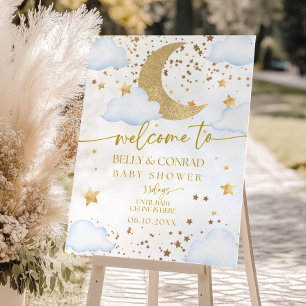 Blue Twinkle Star Baby Shower Welcome Sign, Gold Foam Board