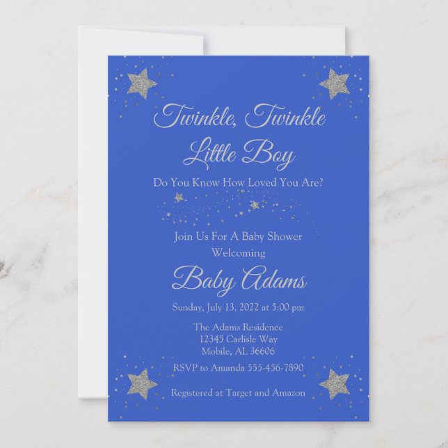 Blue Twinkle Twinkle Little Boy Baby Shower  Invit Invitation (Front)