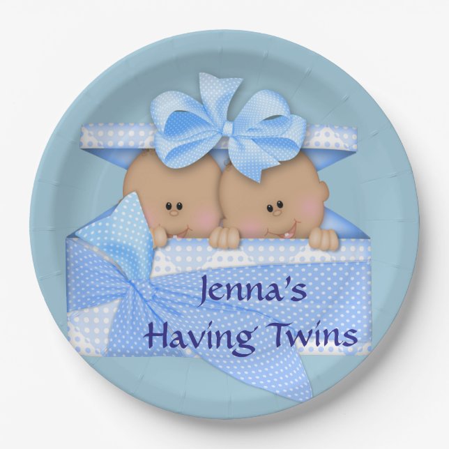 Blue Twins African American Baby Shower Party Paper Plates (Front)