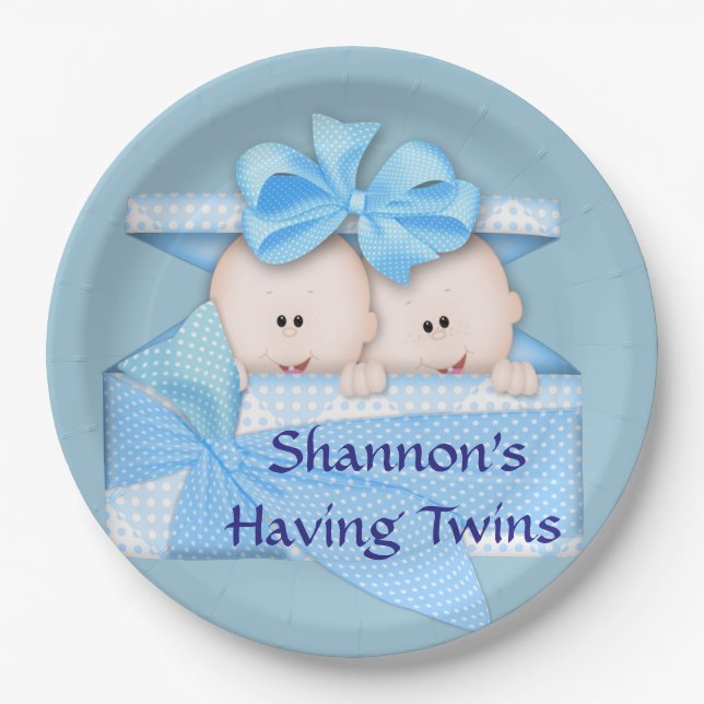 Blue Twins Baby Shower Party Paper Plates (Front)