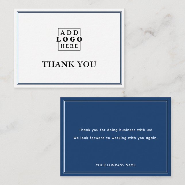 Blue Two Border Business Logo Thank You   Note Card (Front/Back)