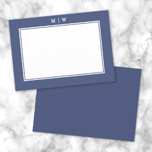 Blue Two Border Minimalist Monogram Note Card