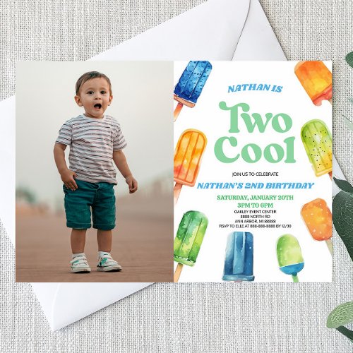 Blue Two Cool Popsicle Picture 2nd Birthday Party Invitation