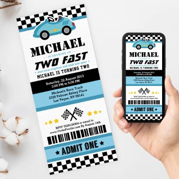 Blue Two Fast Race Car Ticket Pass Second Birthday Invitation by OwlieInvites at Zazzle