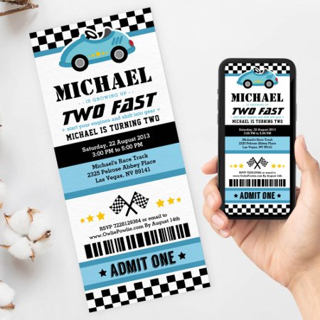 Blue Two Fast Race Car Ticket Pass Second Birthday Invitation
