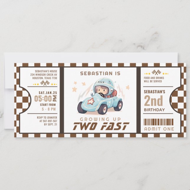 Blue Two Fast Race Car Ticket Pass Second Birthday Invitation (Front)